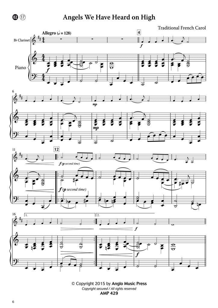 15 Intermediate Christmas Carols Bb klarinet & piano