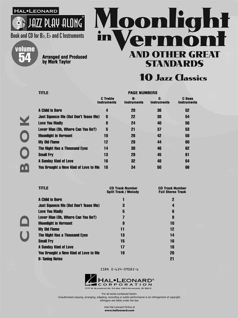 Jazz Play Along vol. 54: Moonlight in Vermont & Other Great Stand